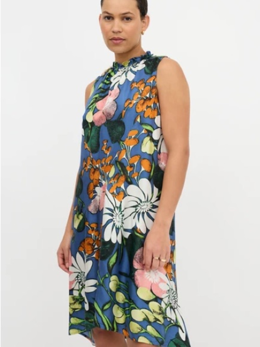Marni Blue Floral Sleeveless Shift Dress with Pink & Orange Accents